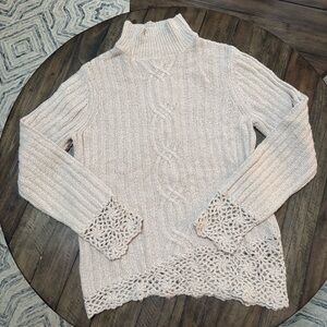 Garnet Hill | Cable Knit Turtleneck Sweater w/ Asymmetrical Crochet Hem & Cuffs